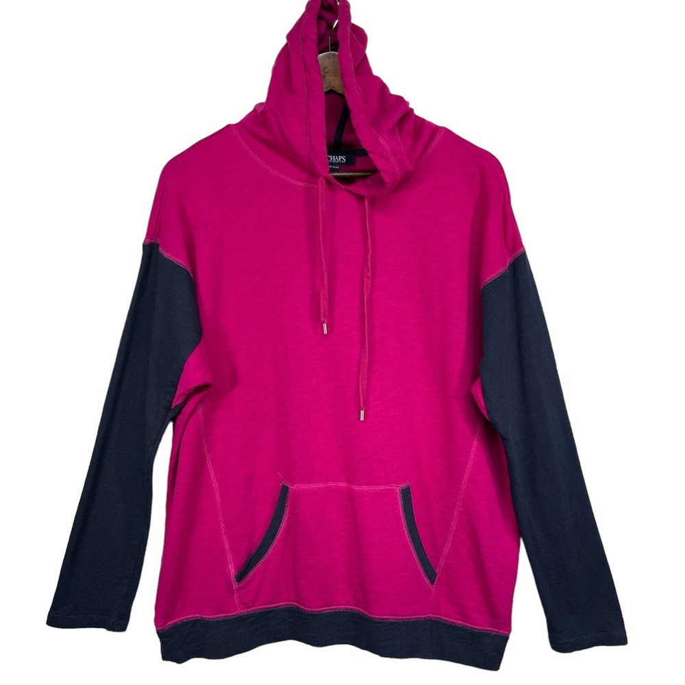 Chaps Sport Womens XL Pink Navy Colorblock Hoodie Cotton Modal Slub Pullover